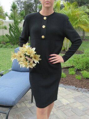 40" bust knit dress, Galiada, Black w/ gold decorative 1" round front buttons